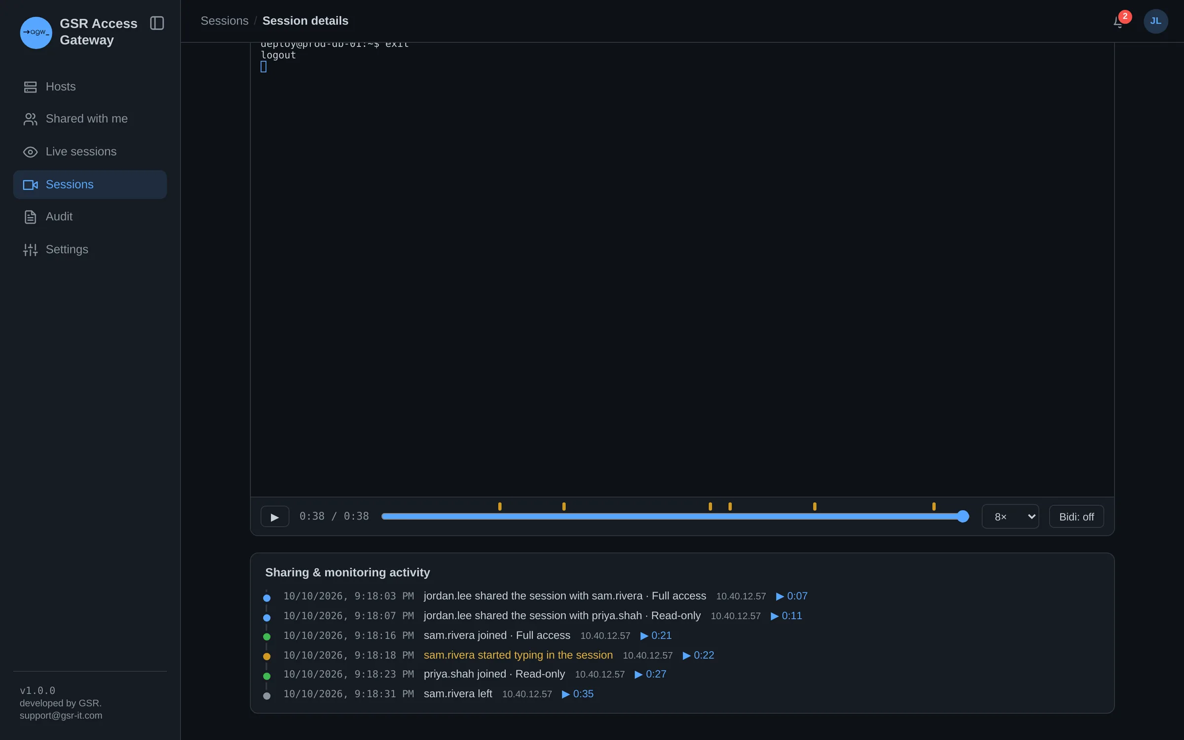 Sharing and monitoring timeline of a recorded session