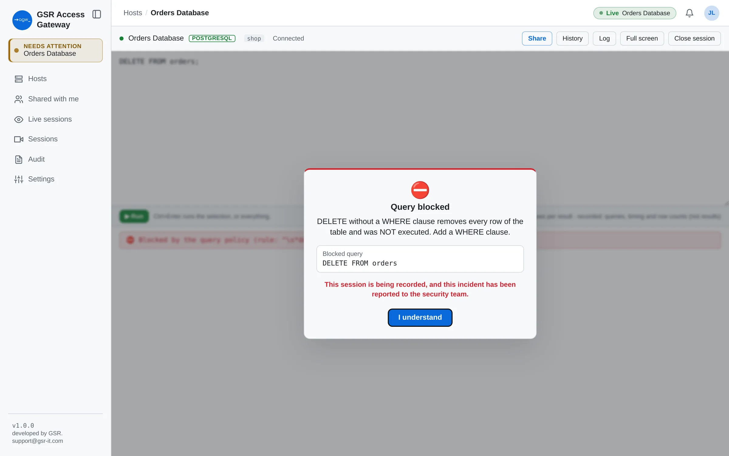 Query policy blocking a DELETE without a WHERE clause before it runs
