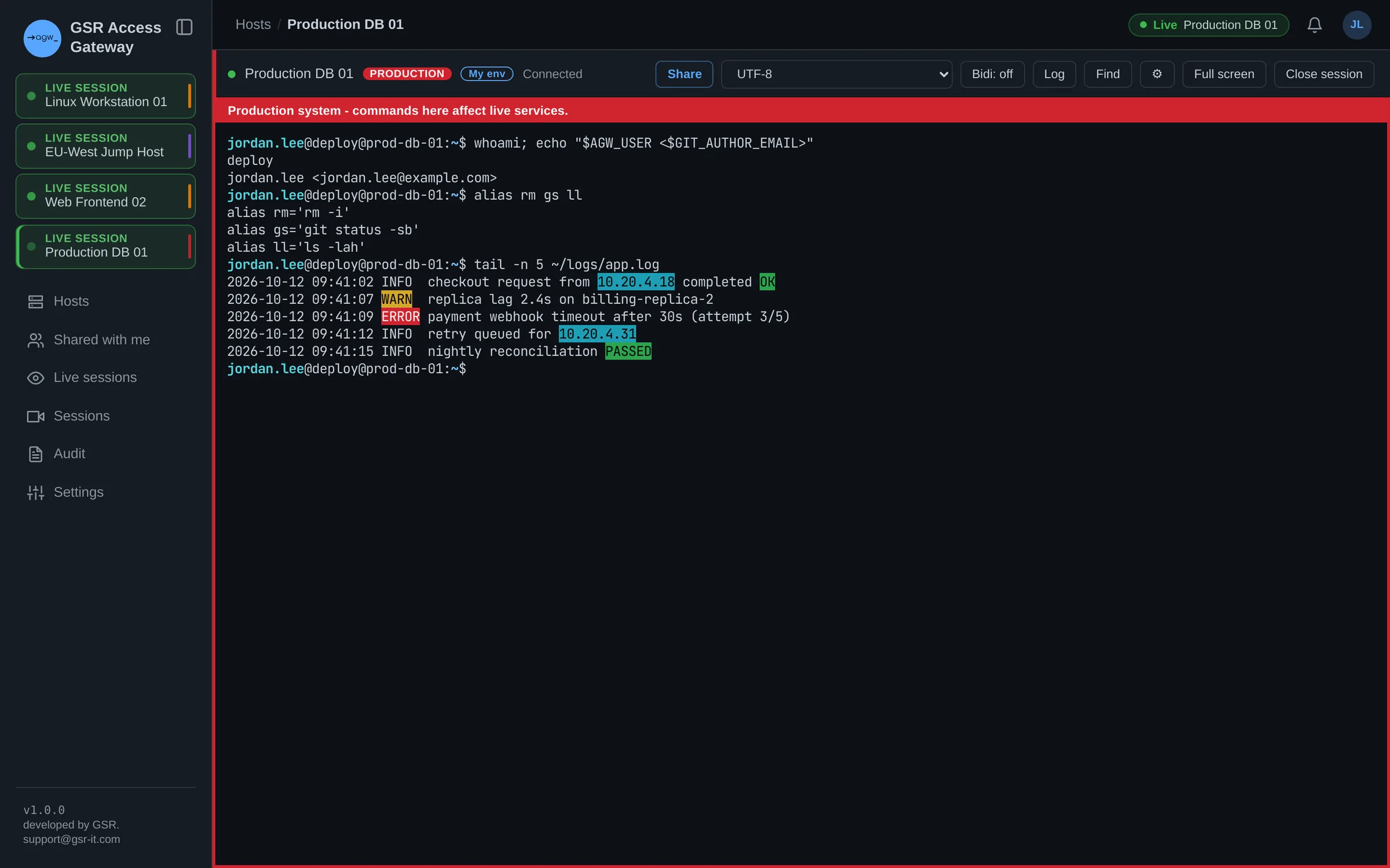 Terminal on a production host with a red frame and banner, a personal prompt and highlighted log keywords