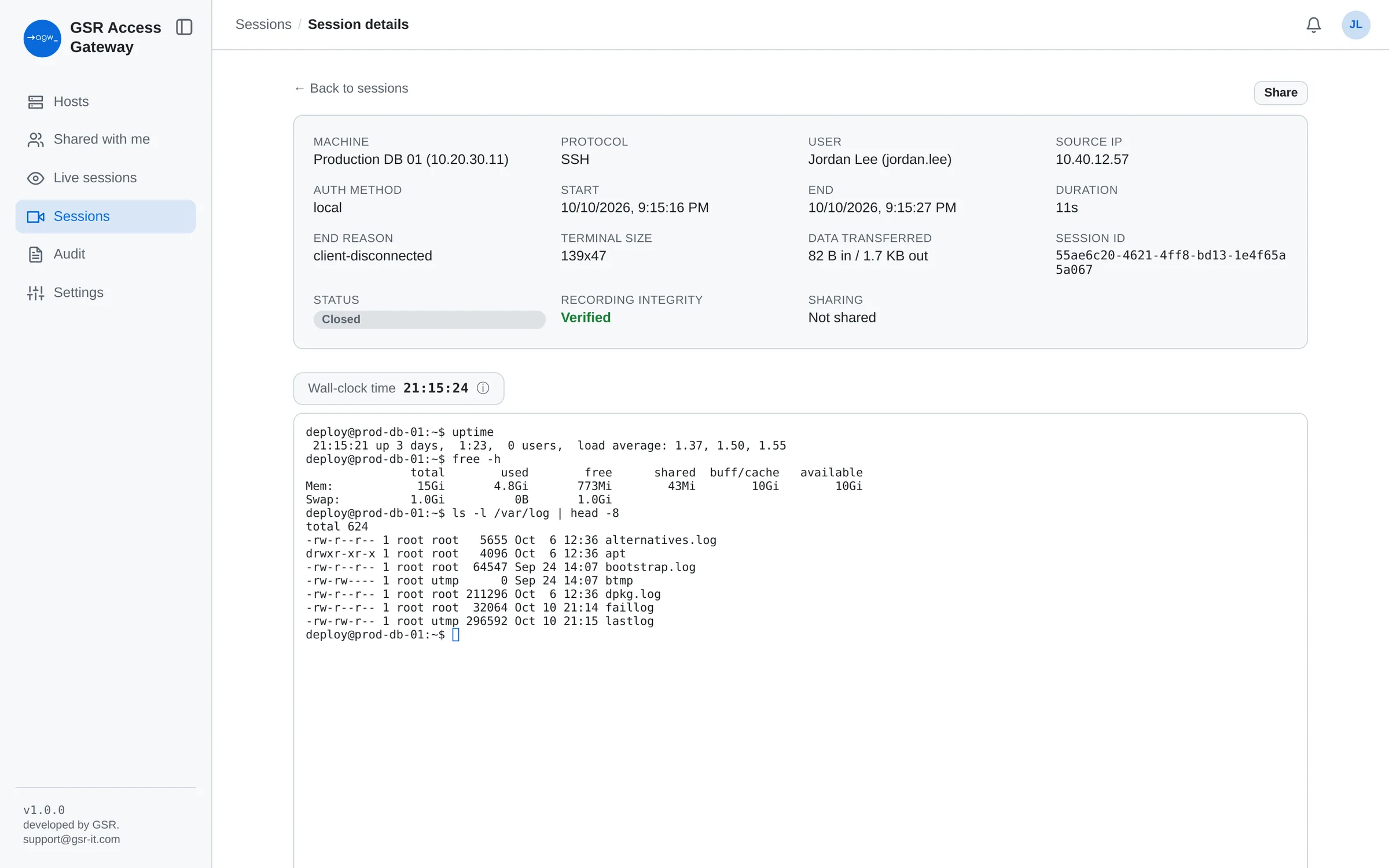 Session replay with details and a verified recording-integrity status