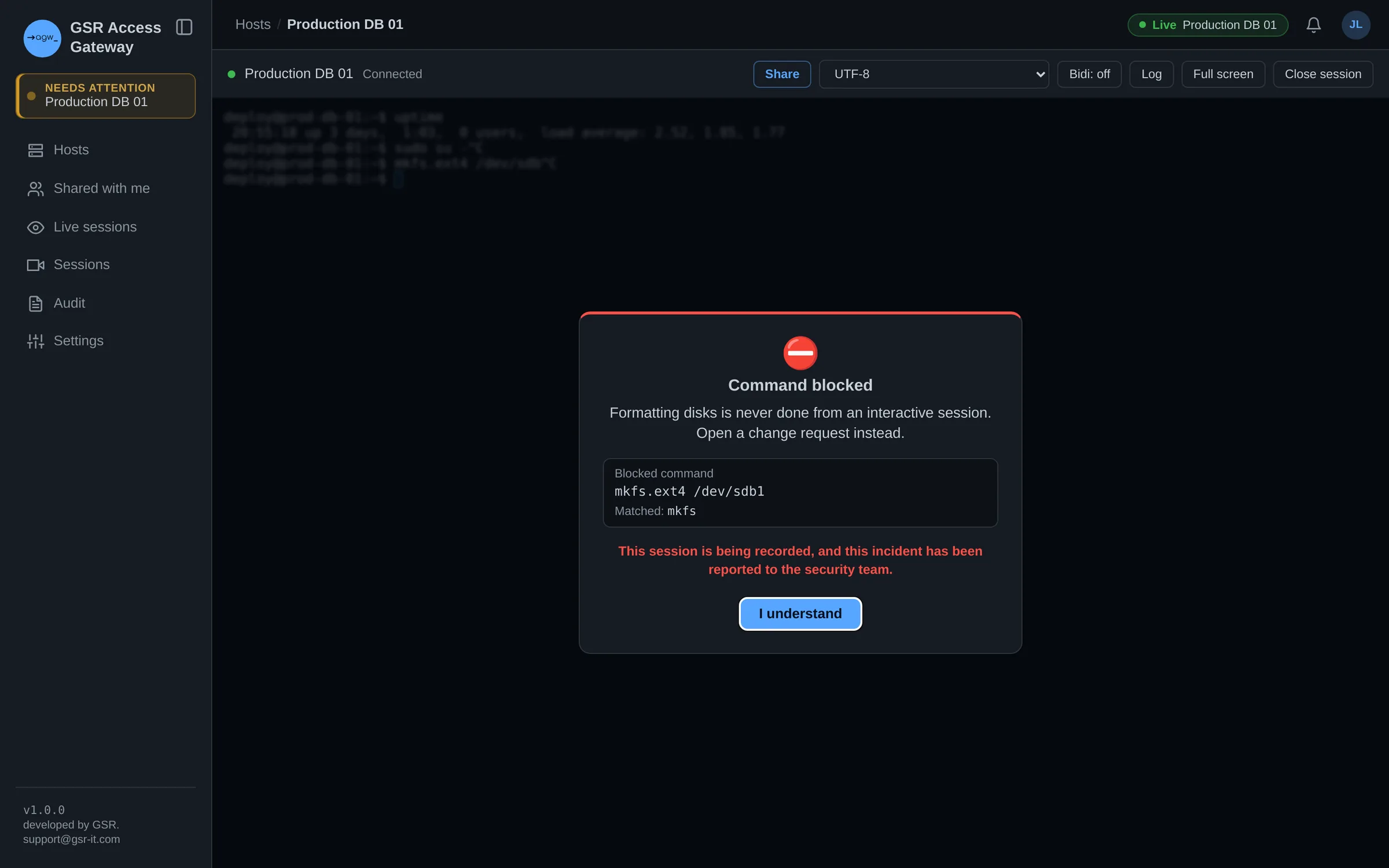 Blocked command shown to the user