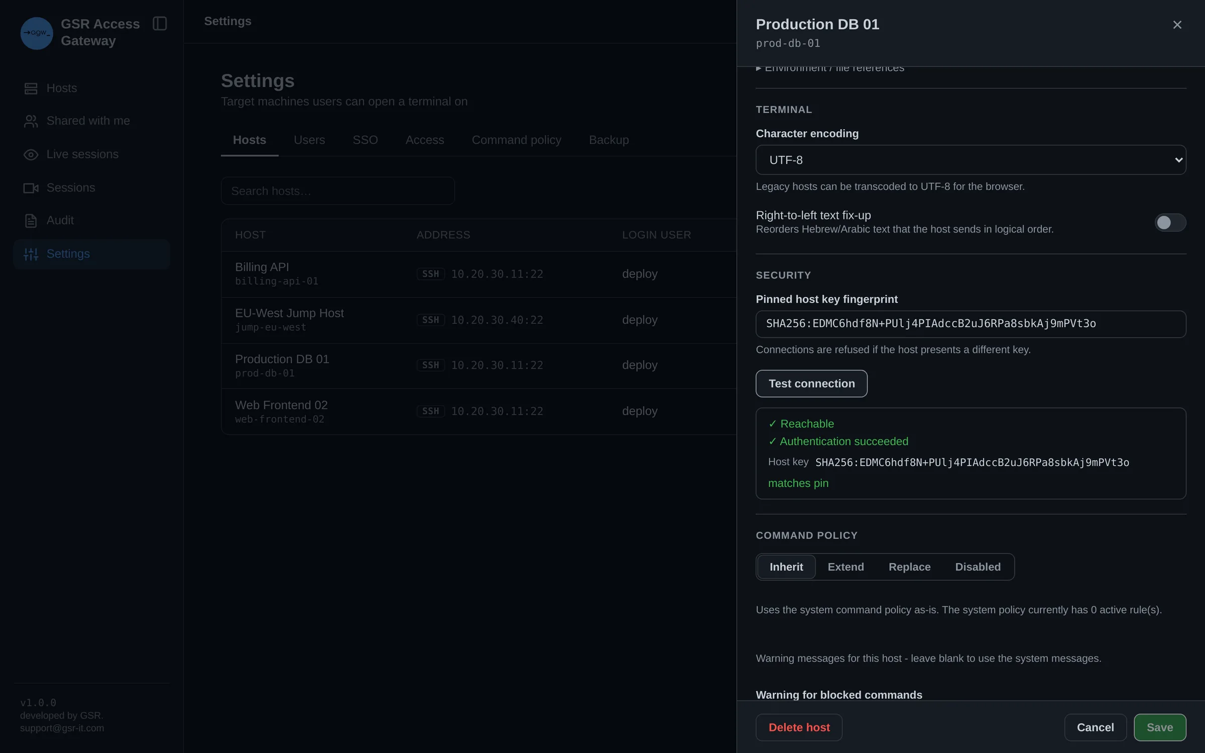 Host settings with a pinned host key and a successful connection test