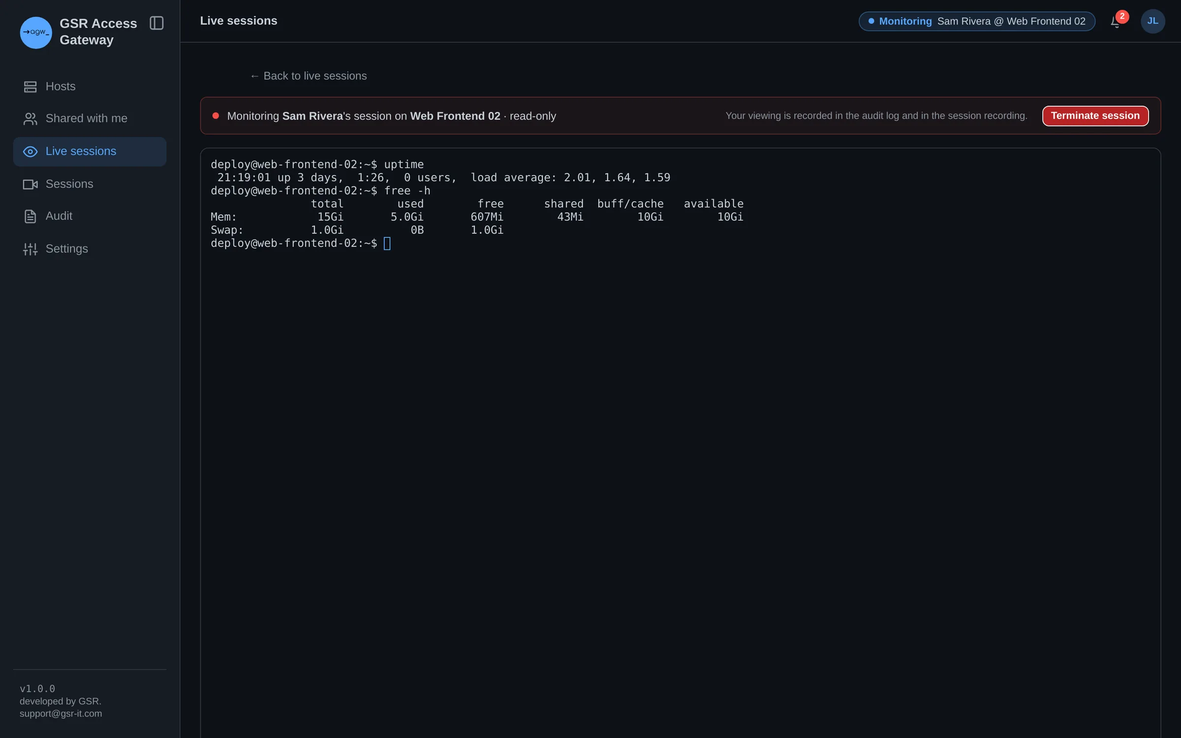 Reviewer monitoring a live session read-only