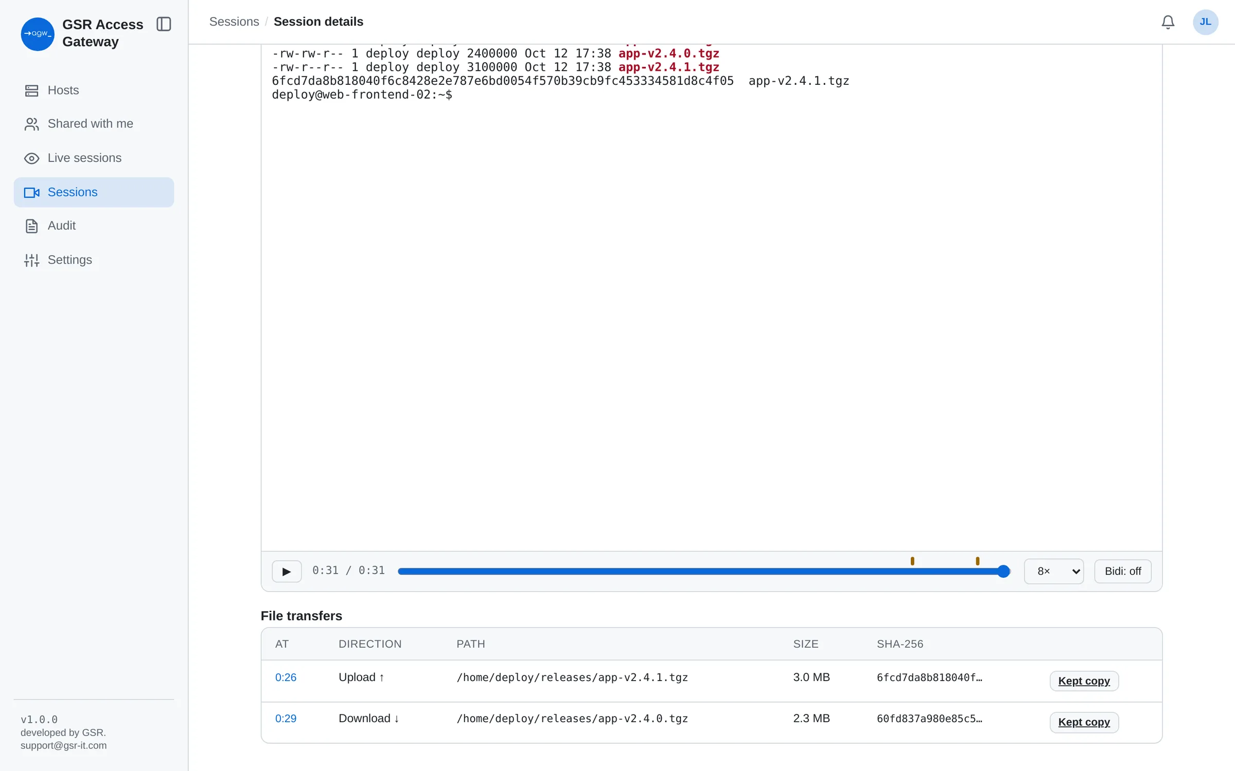 Recorded SSH session listing each uploaded and downloaded file with its size and SHA-256