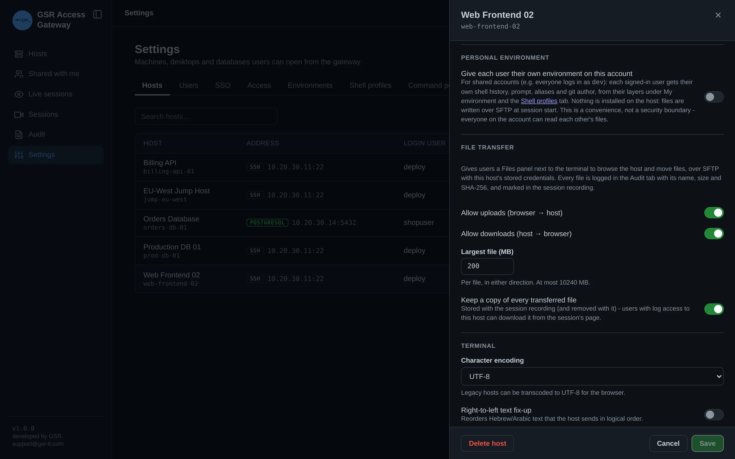 Host settings allowing uploads and downloads up to 200 MB and keeping a copy of every file