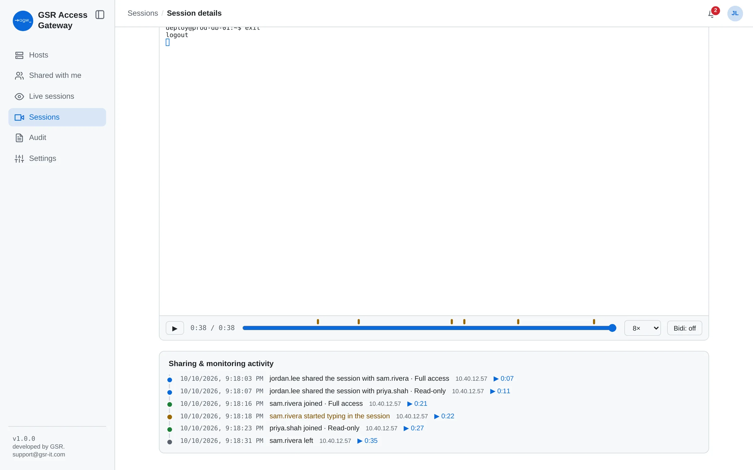 Sharing and monitoring timeline of a recorded session