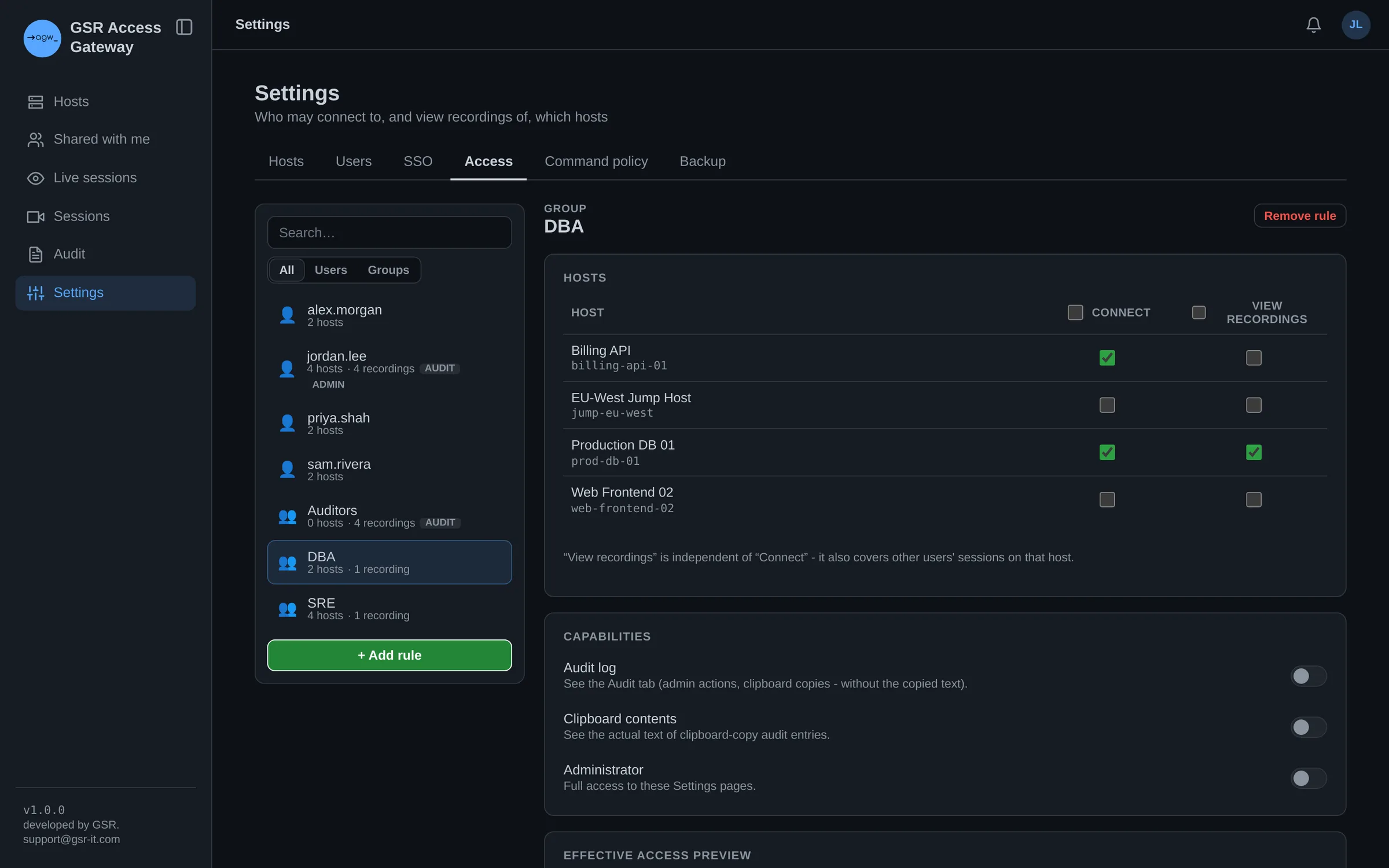Access rules matrix per group with an effective-access preview
