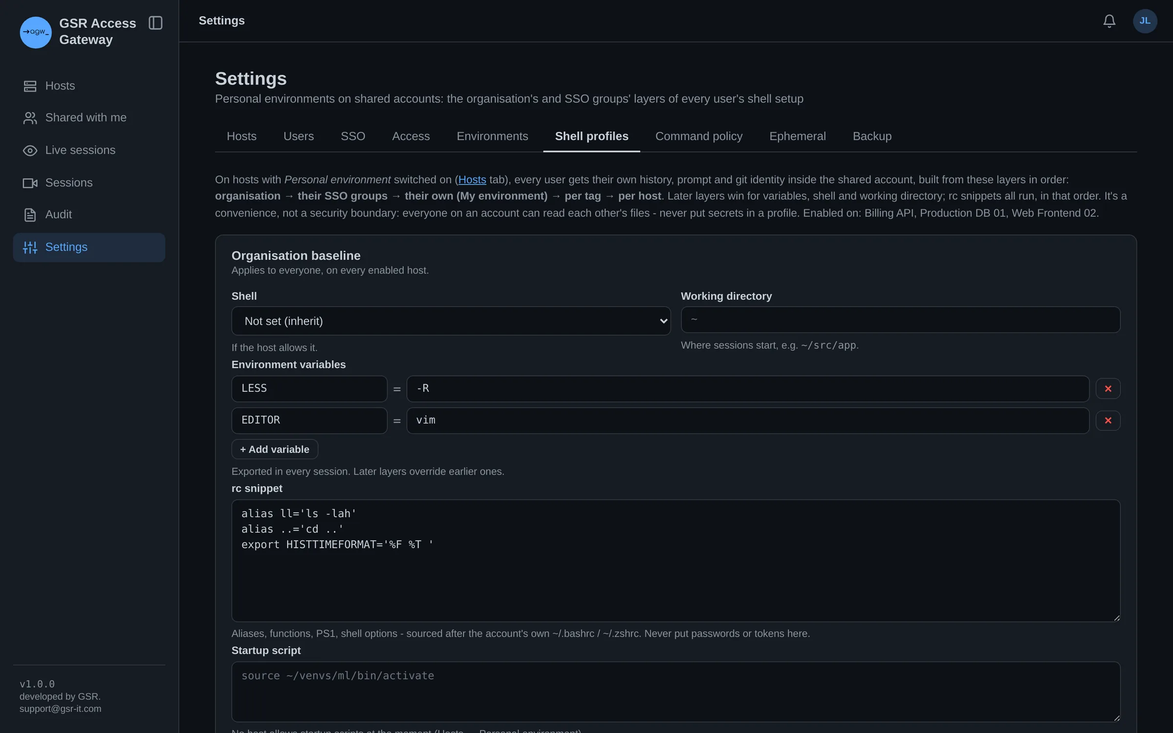 Organisation-wide shell profile with variables and aliases