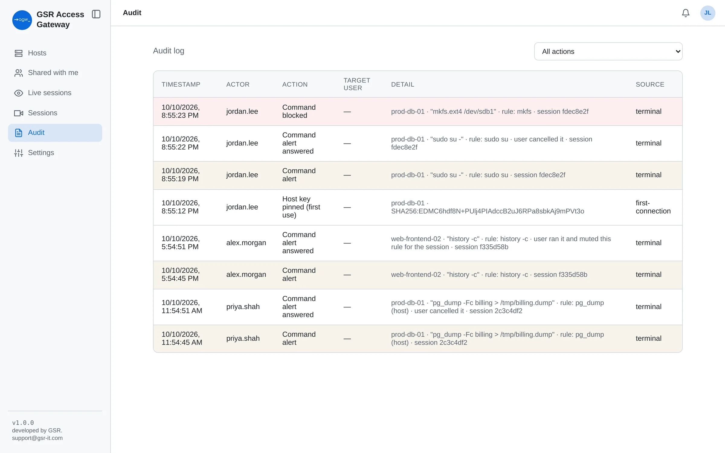 Audit log of blocked and flagged commands