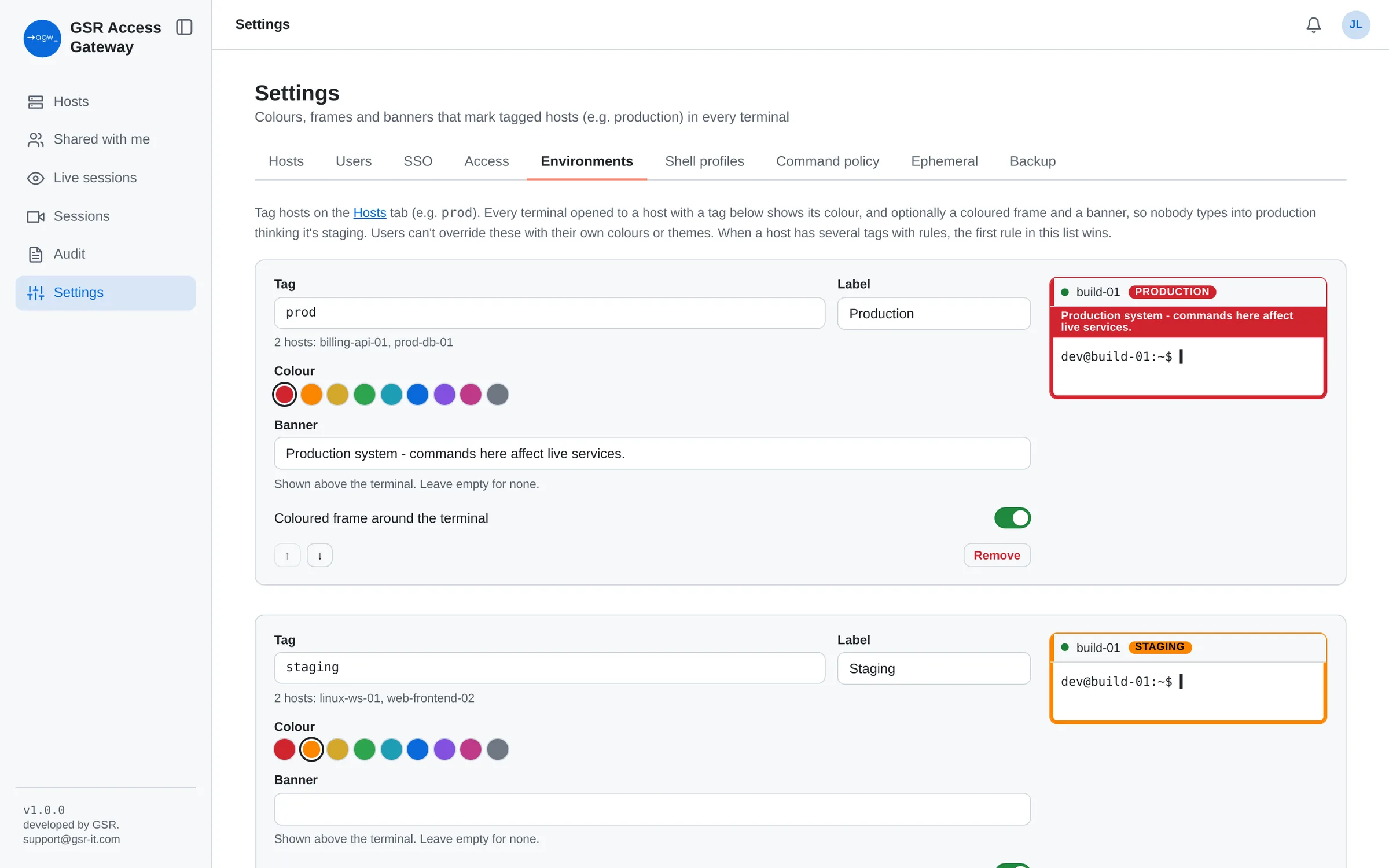 Environment rules for production and staging with a preview of each