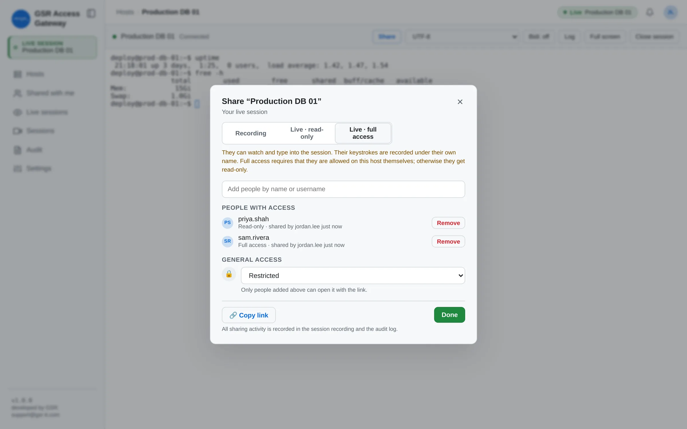 Share dialog with read-only and full-access recipients