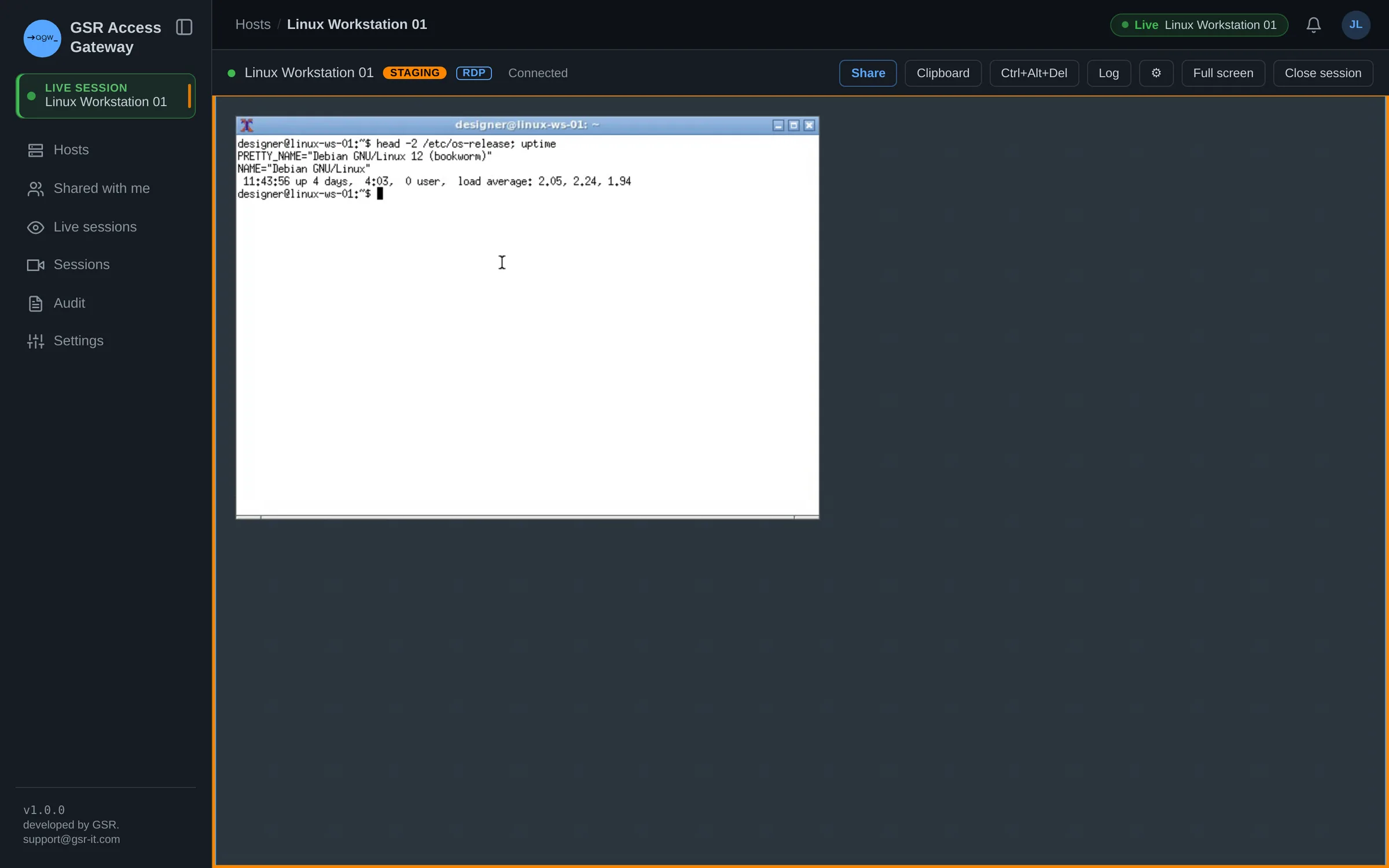 Linux desktop in the browser, marked as a staging system