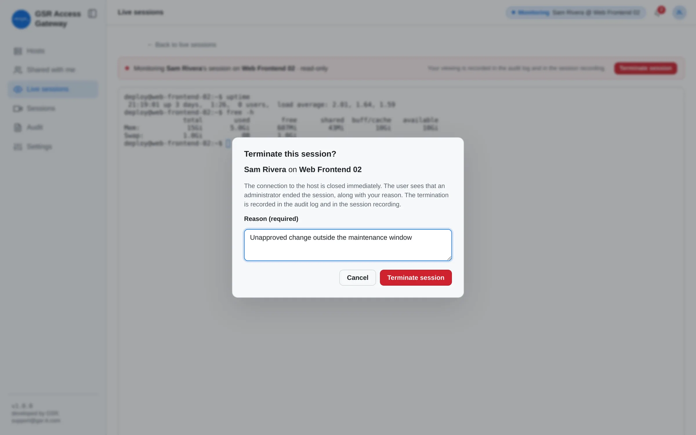 Administrator ending a live session with a required reason