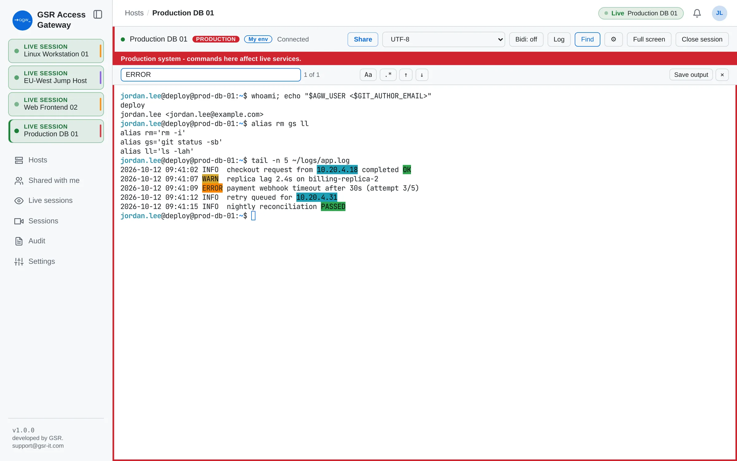 Find bar in the terminal with a highlighted match and a Save output button