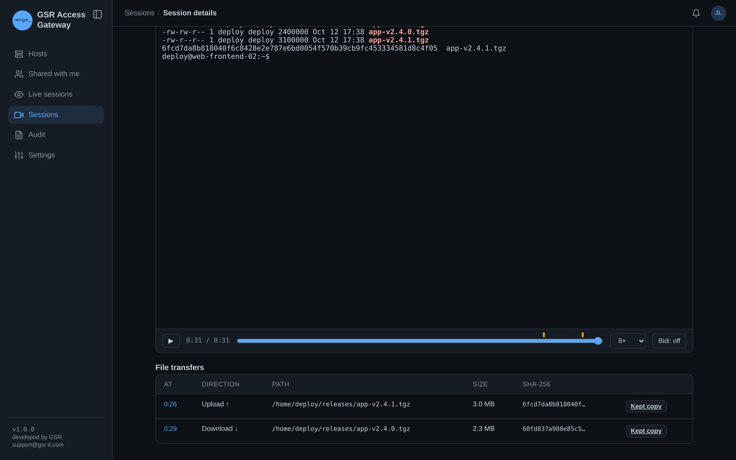 Recorded SSH session listing each uploaded and downloaded file with its size and SHA-256