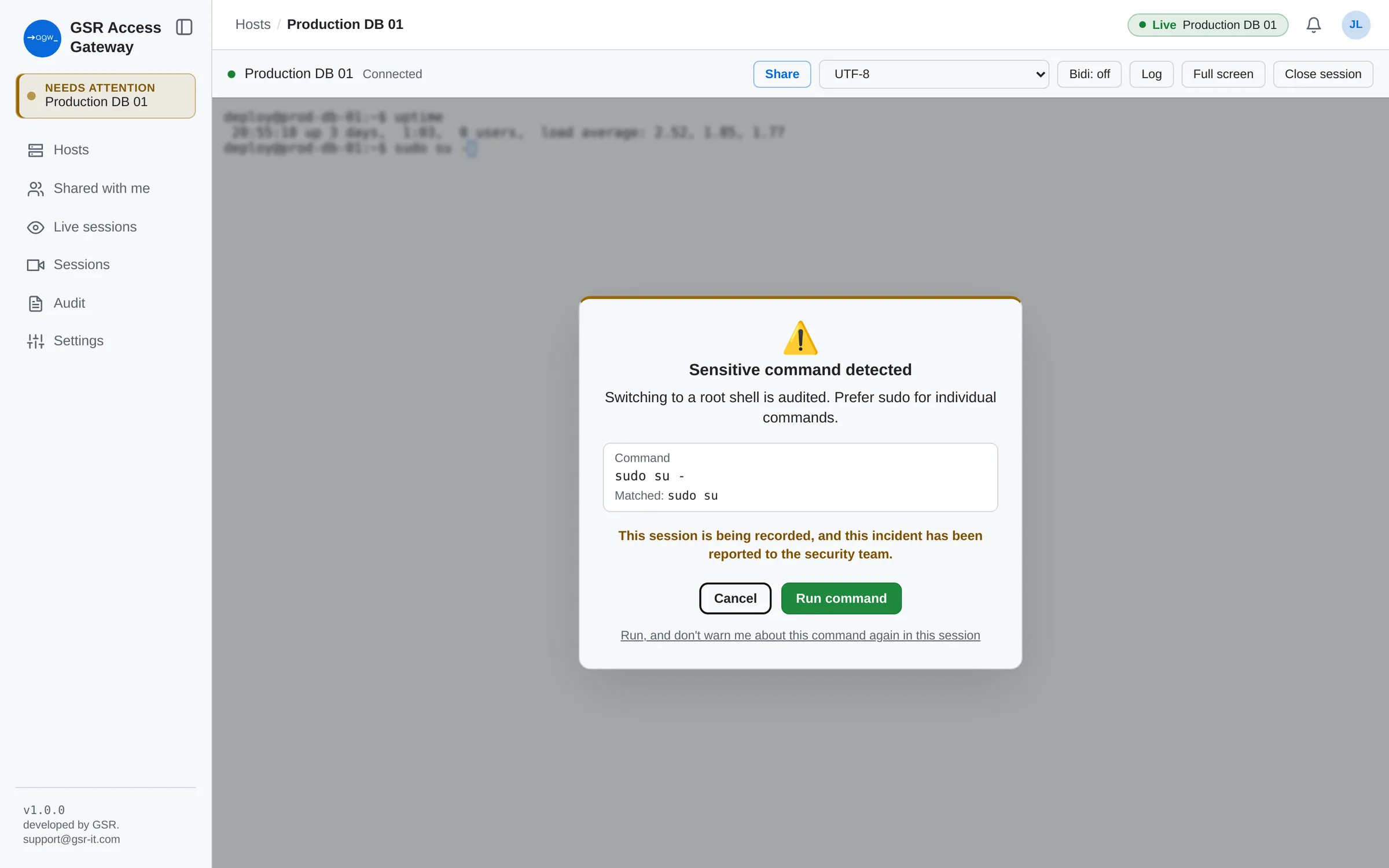 Sensitive-command alert shown to the user in a terminal session