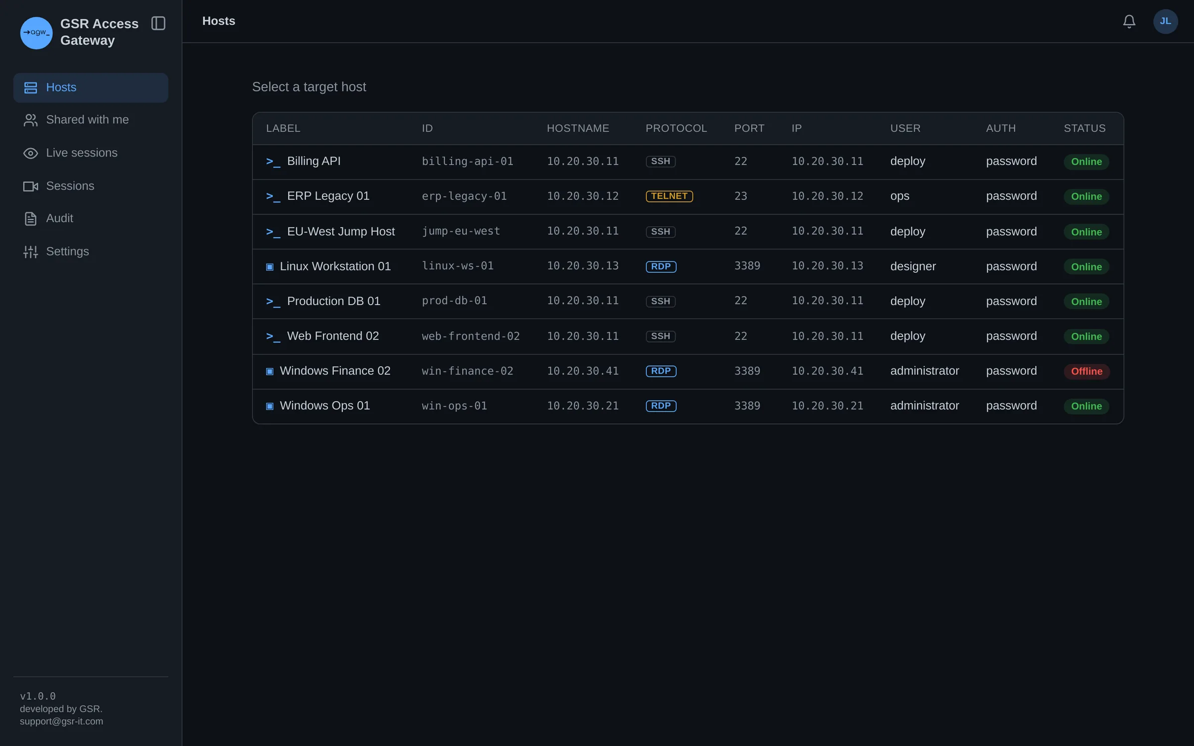 Host list with SSH, Telnet and RDP systems and live status