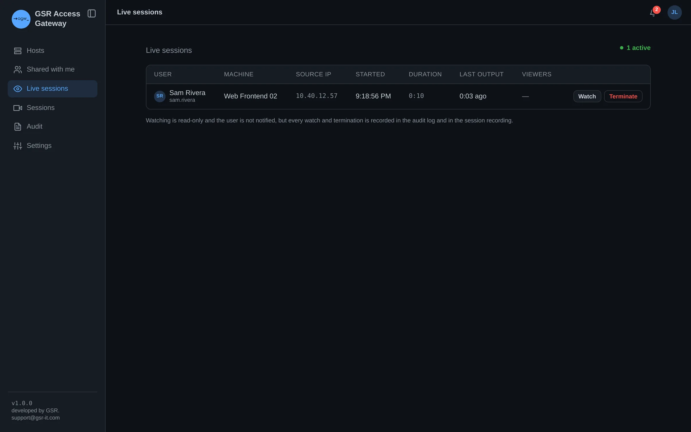 Live sessions list with watch and terminate actions
