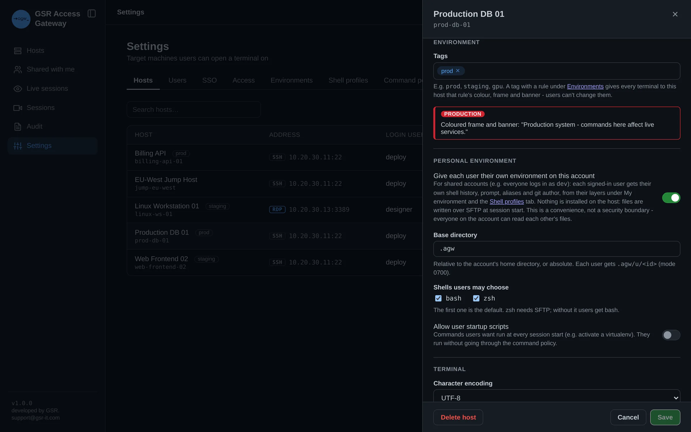 Host settings with a production tag and personal environments switched on