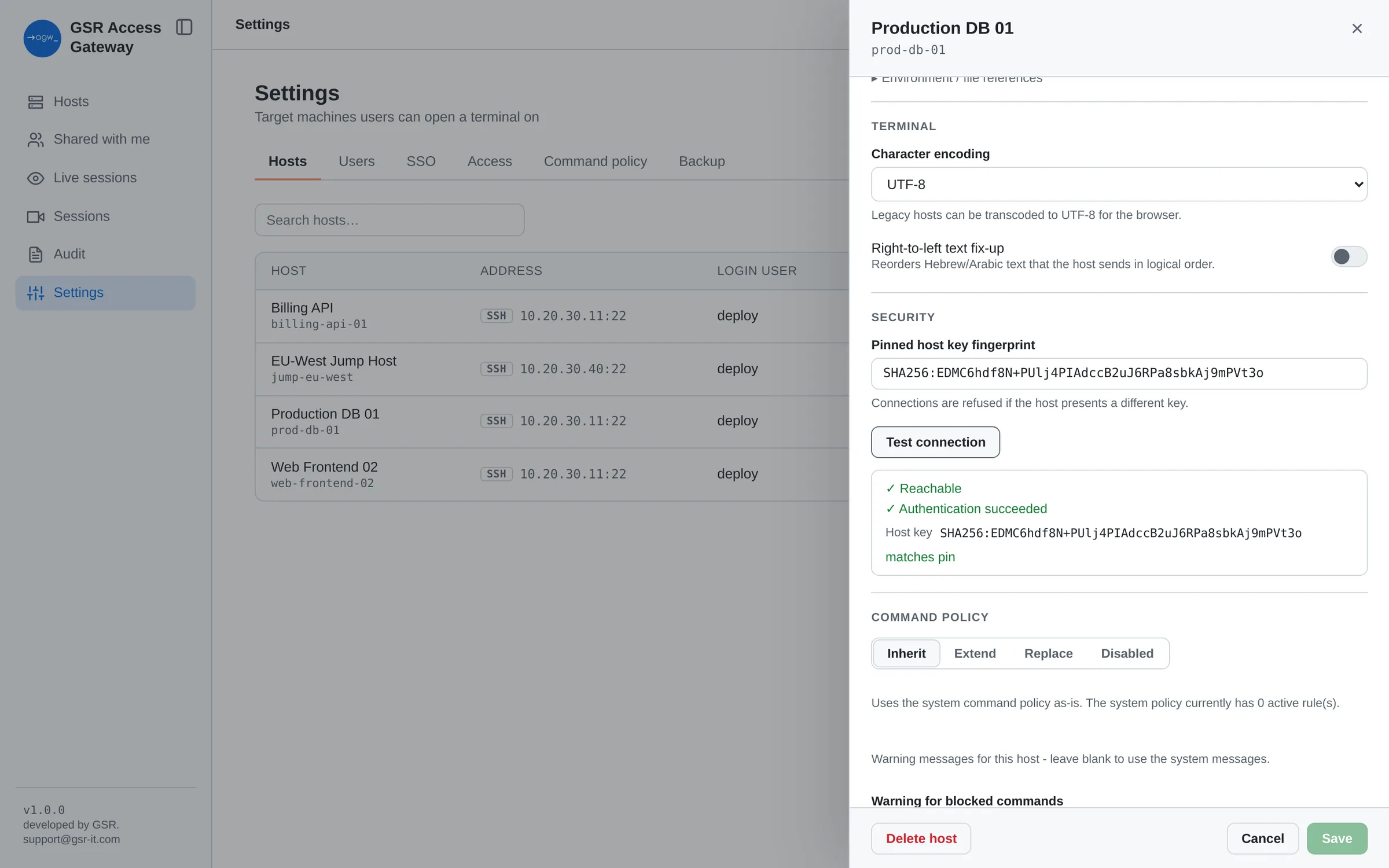 Host settings with a pinned host key and a successful connection test