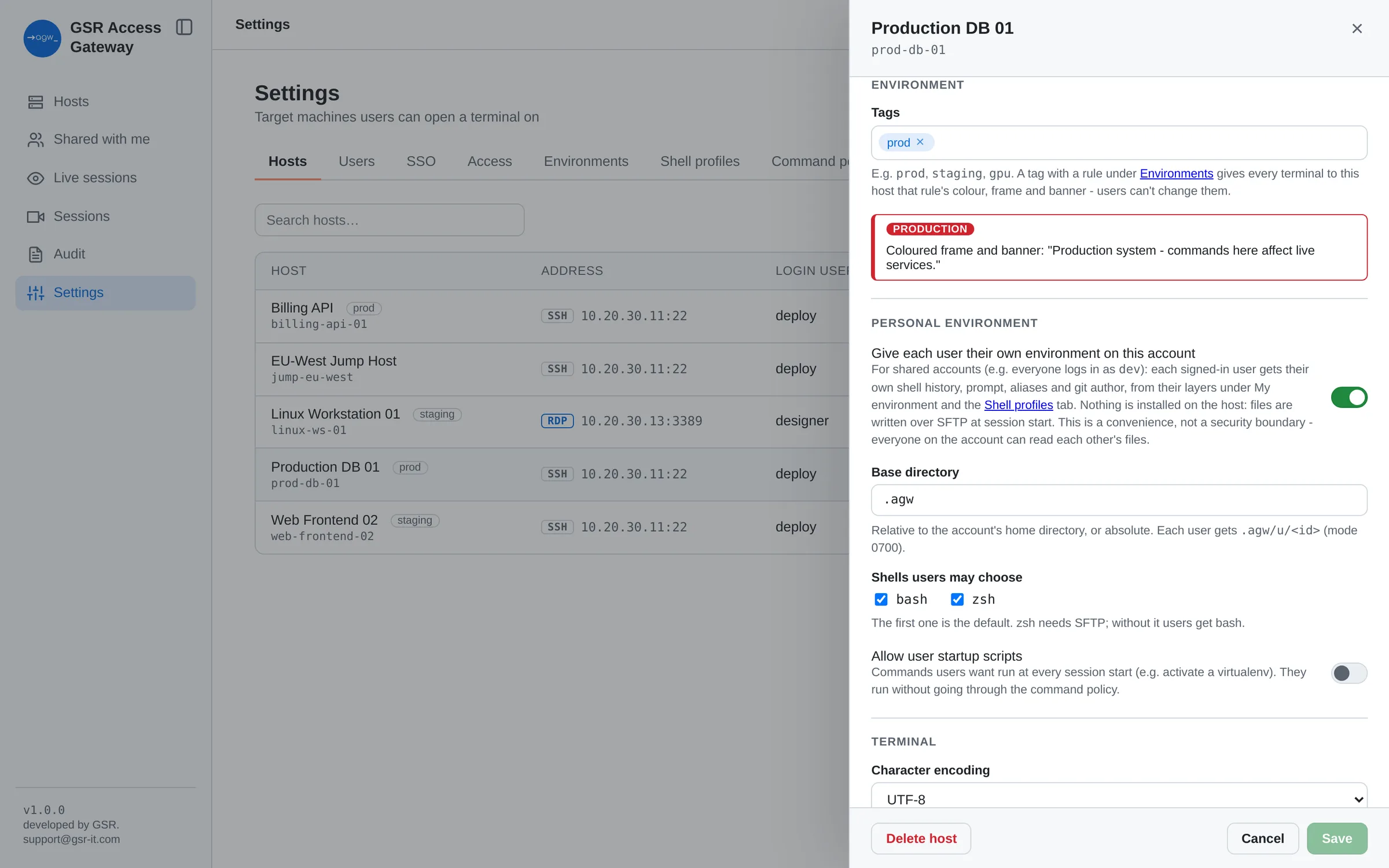 Host settings with a production tag and personal environments switched on