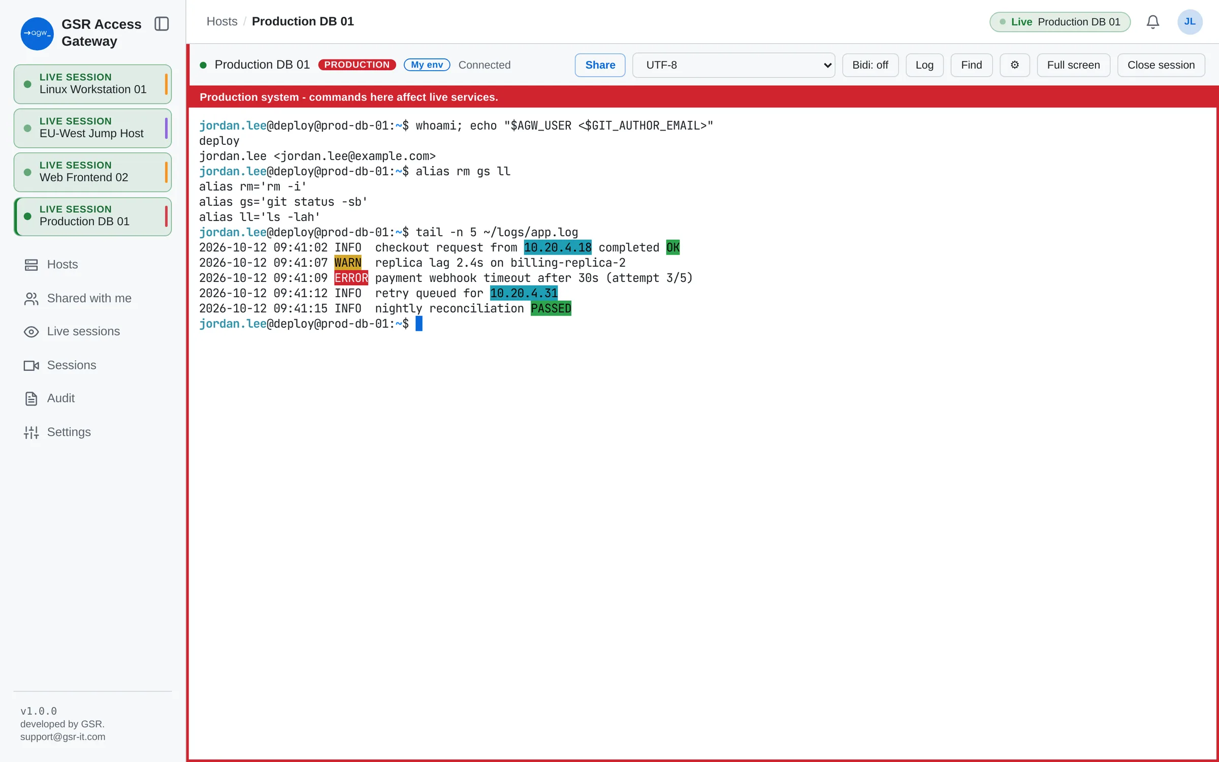 Terminal on a production host with a red frame and banner, a personal prompt and highlighted log keywords