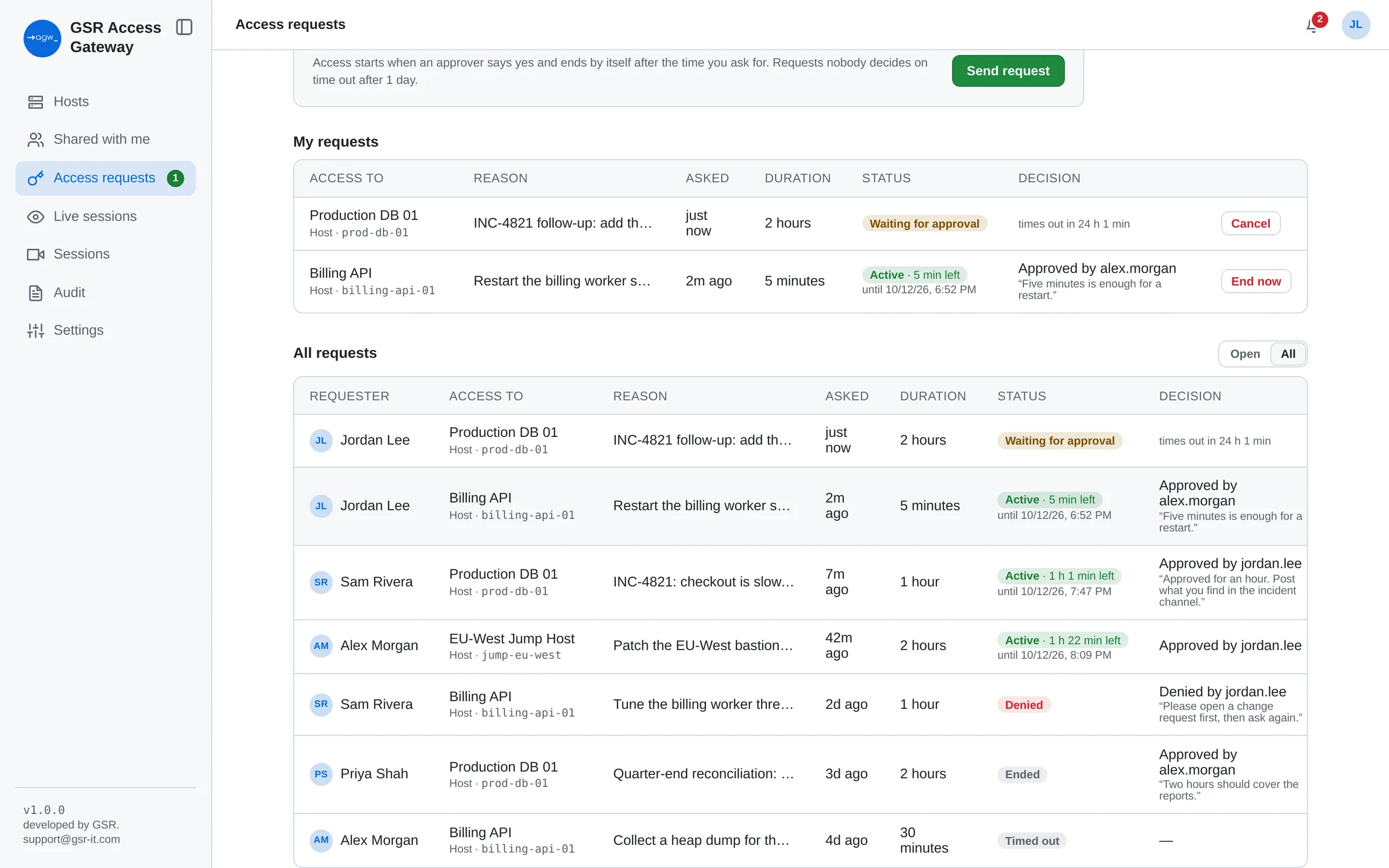 History of access requests with status, duration and who approved or denied each one