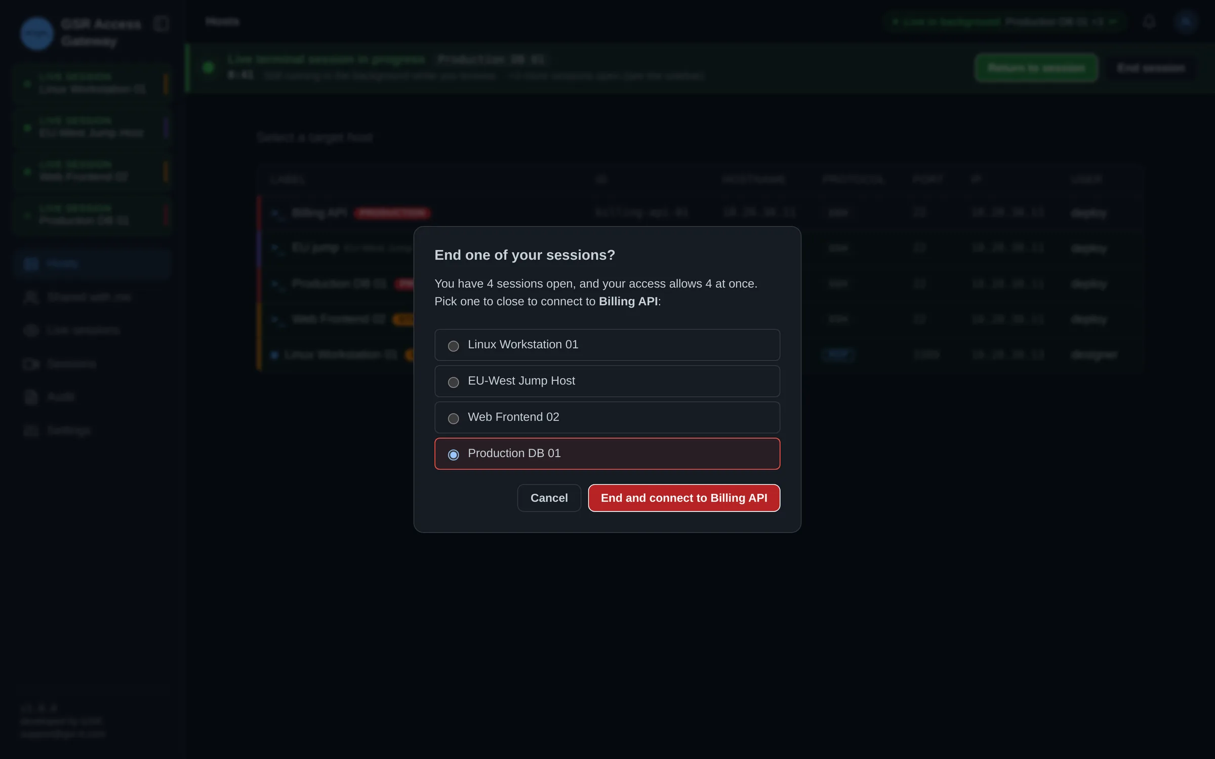 Dialog asking which of four open sessions to end before connecting to another host