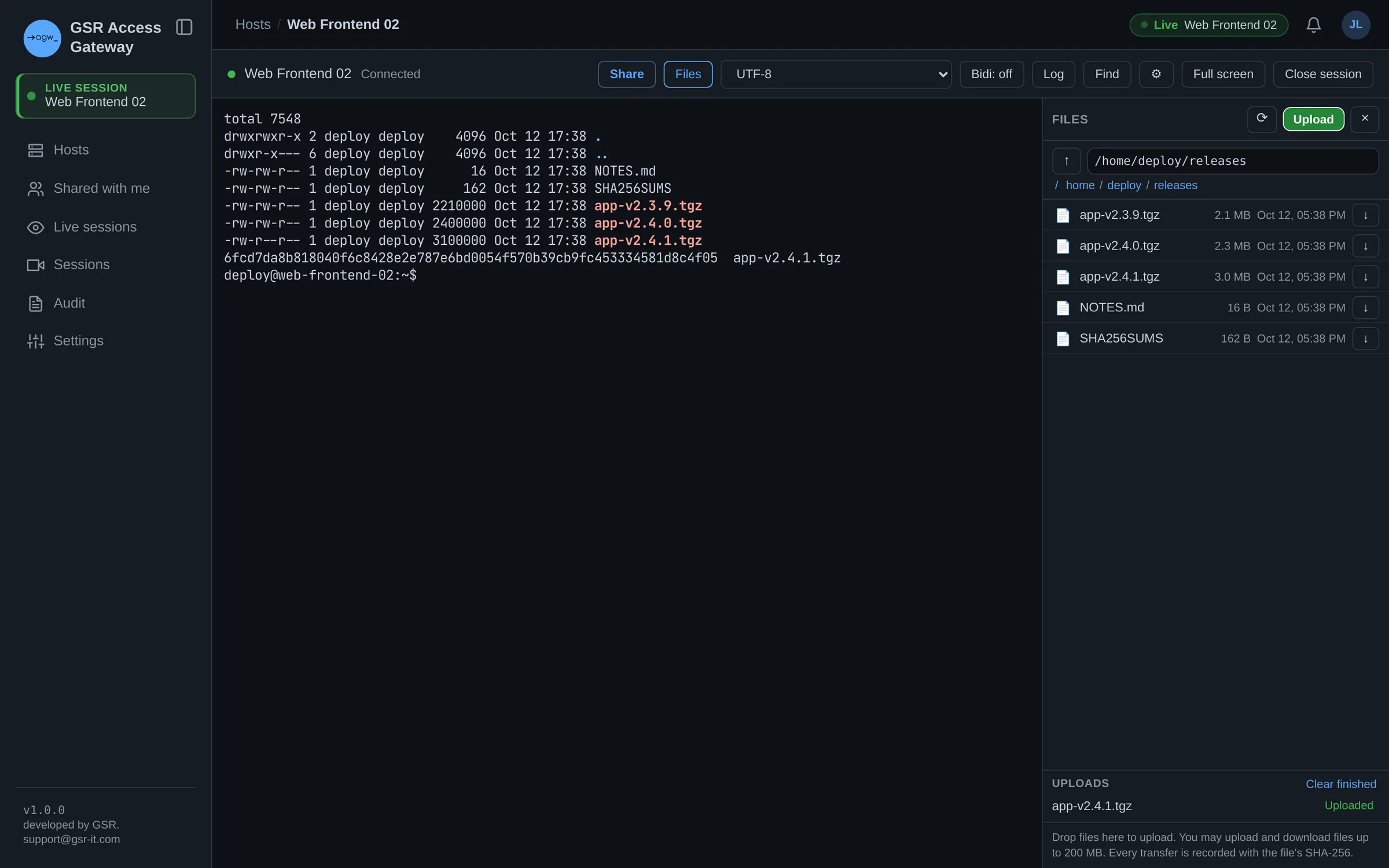 SSH terminal with the Files panel beside it, showing an uploaded release file