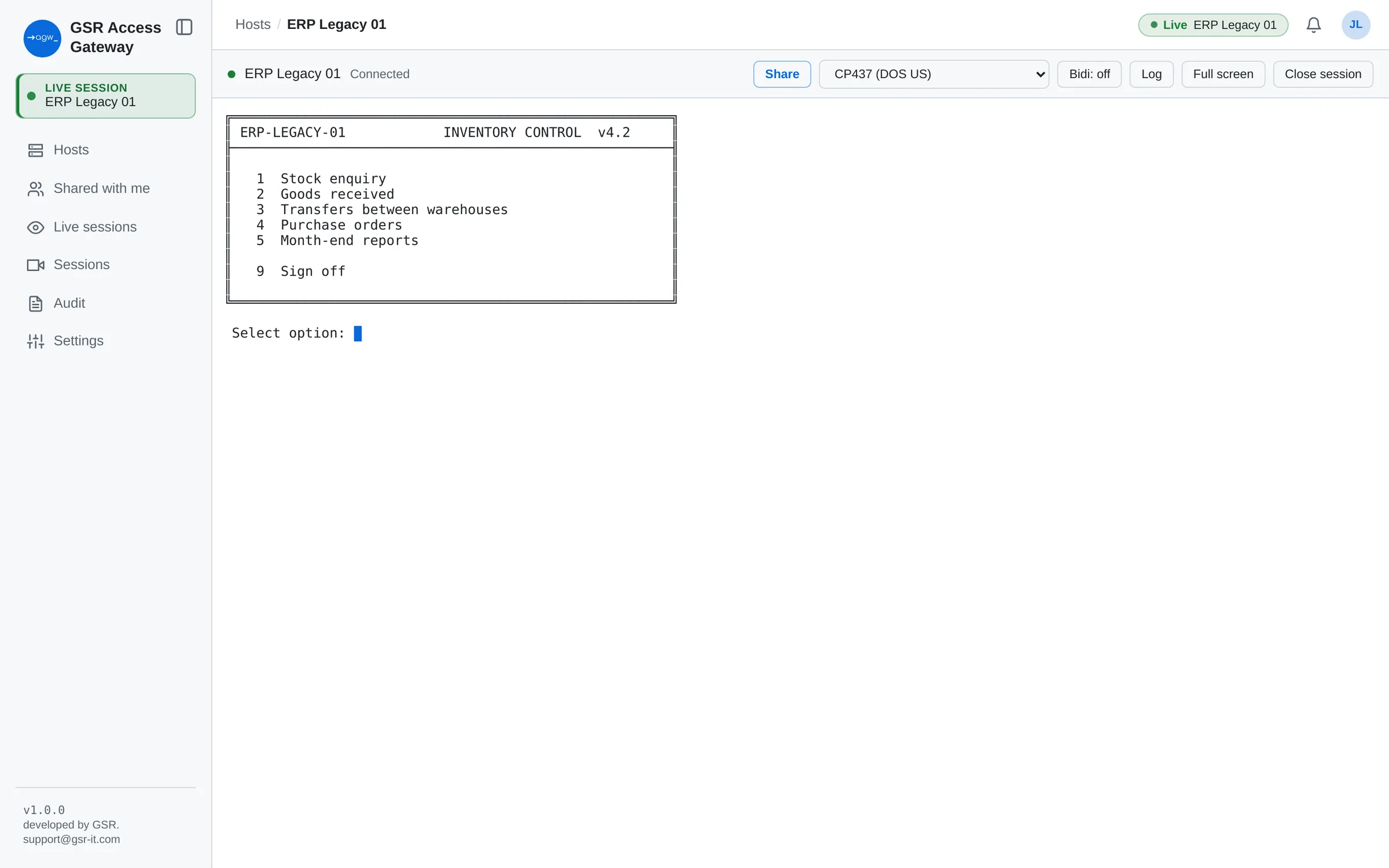 Legacy inventory application over Telnet, shown in the CP437 DOS code page