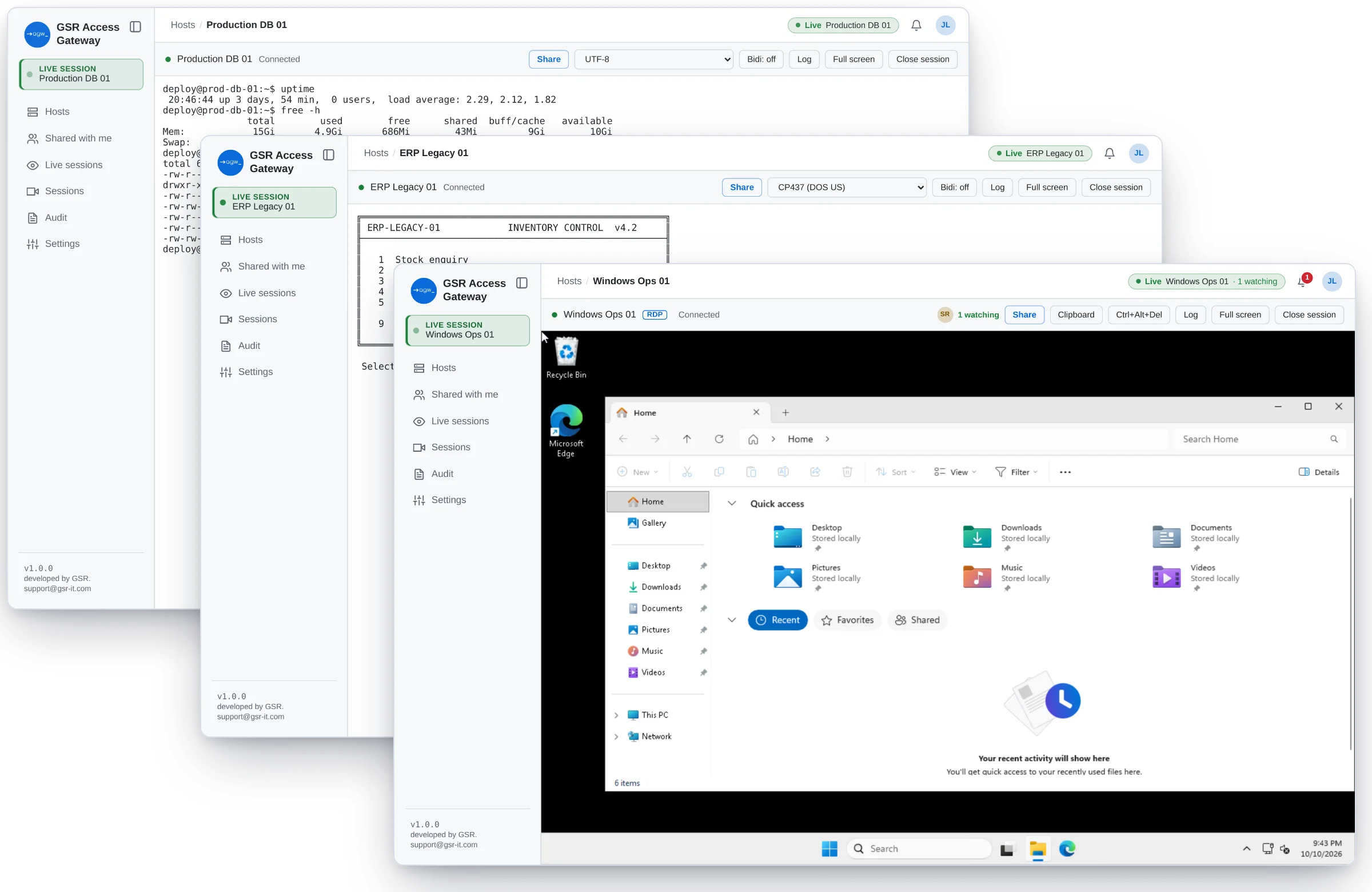 GSR Access Gateway showing a Windows desktop being watched by a colleague, a legacy Telnet application and a Linux terminal, all in the browser