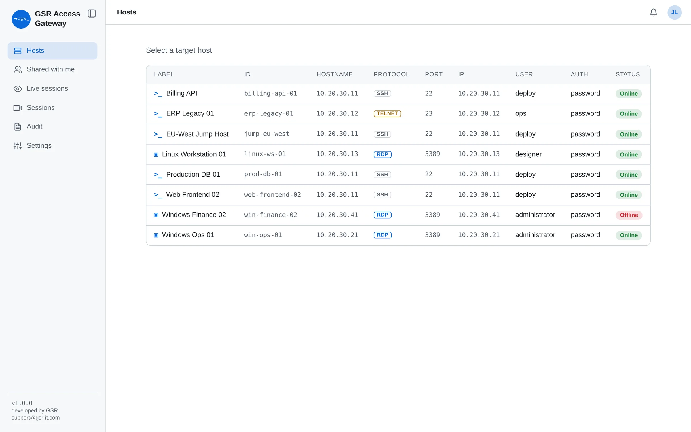 Host list with SSH, Telnet and RDP systems and live status
