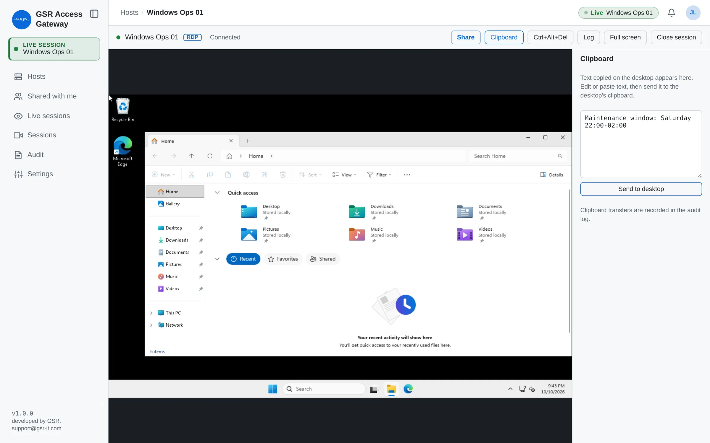 Clipboard panel sending text to the desktop, with audit notice