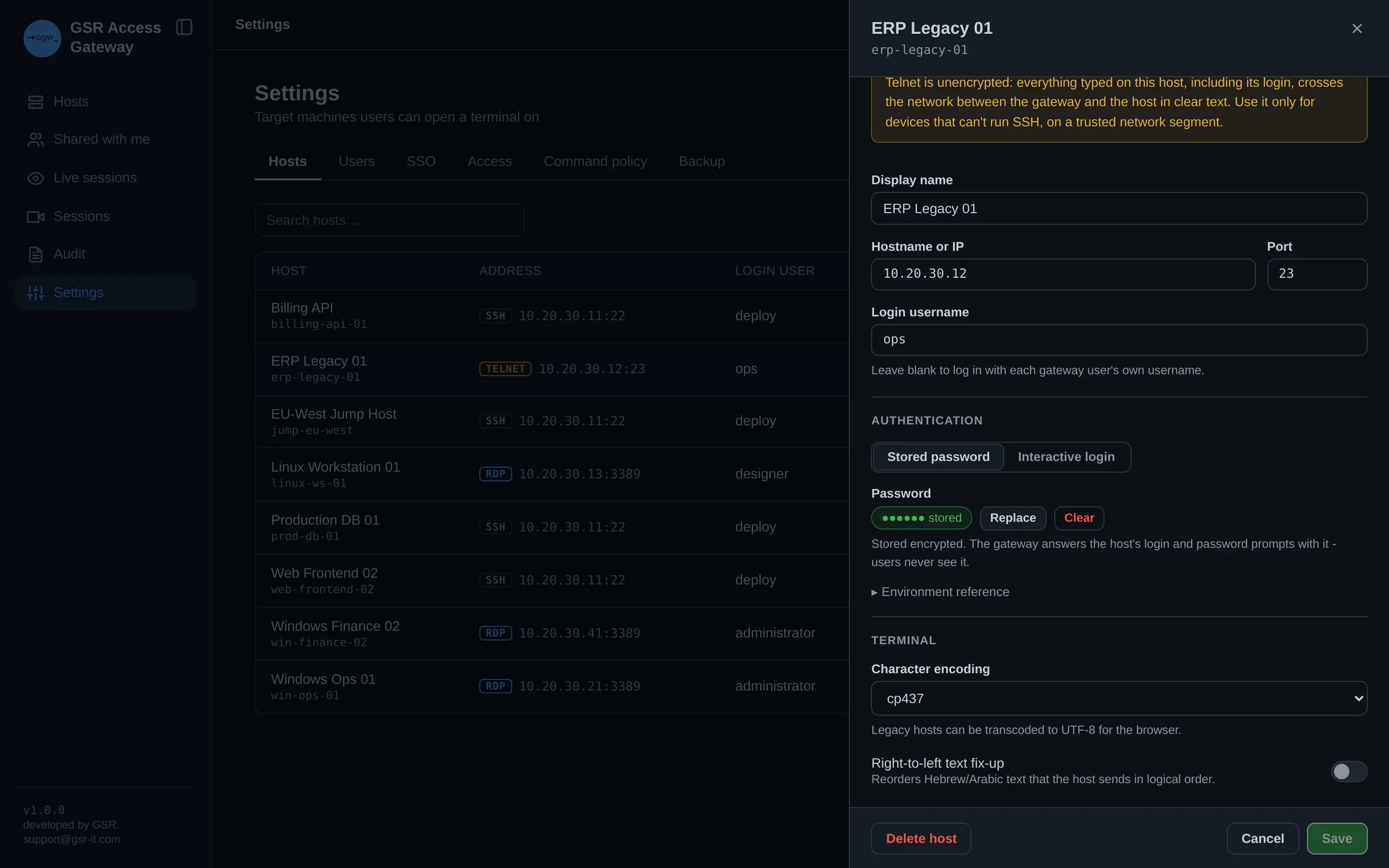 Telnet host with stored password and legacy character encoding