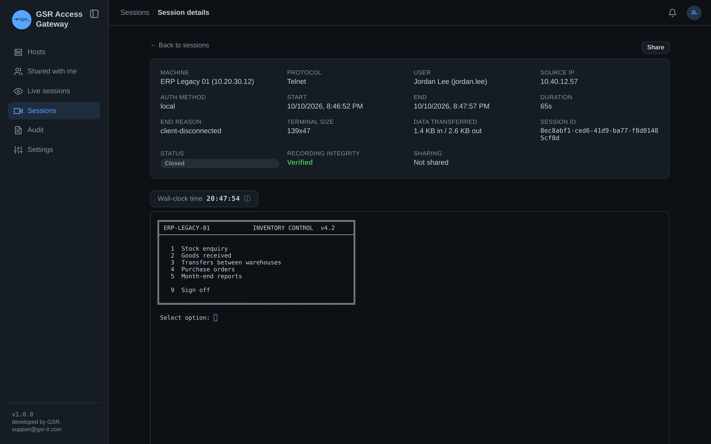Replay of a legacy Telnet session