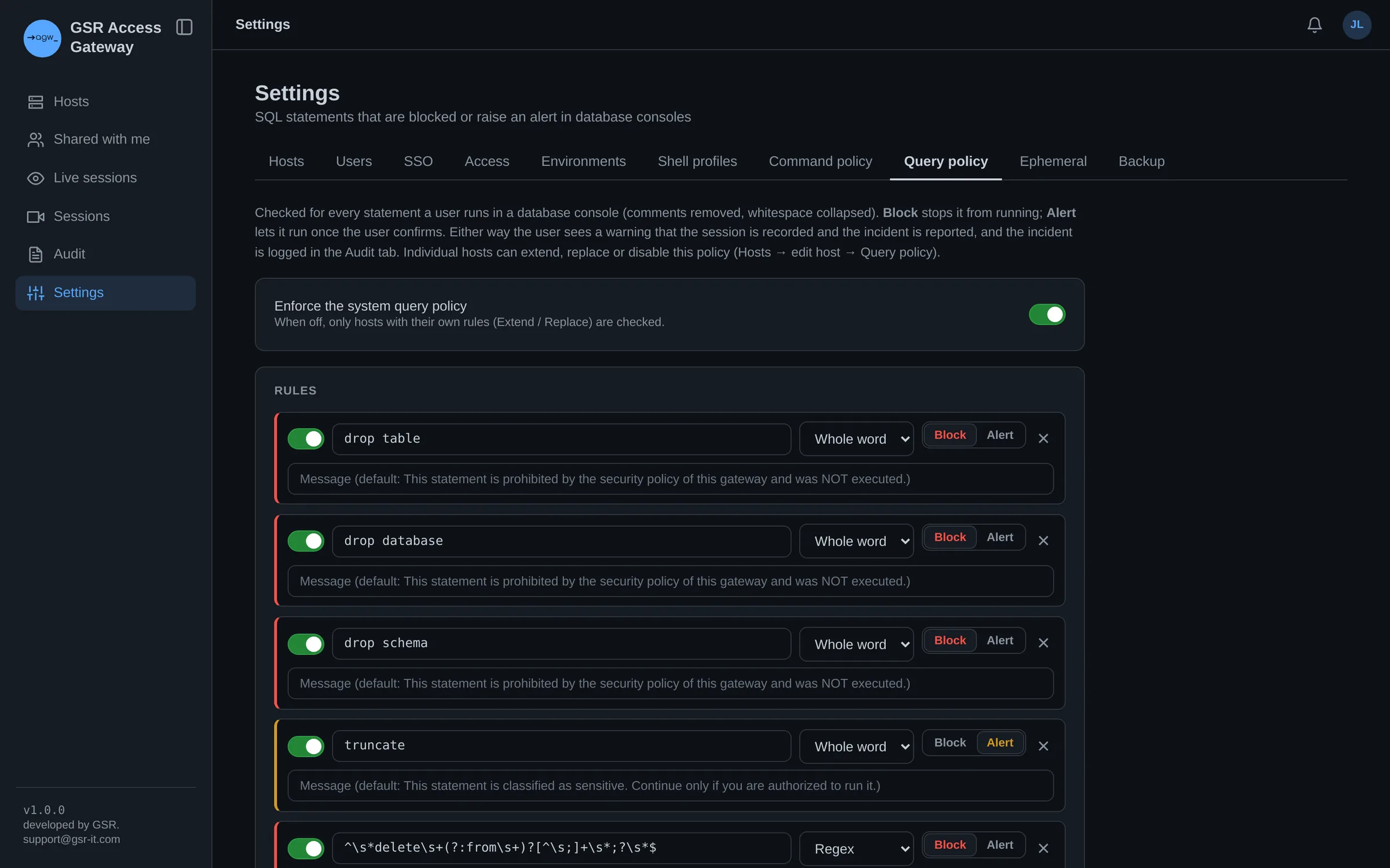 Query policy settings with block and alert rules for risky SQL