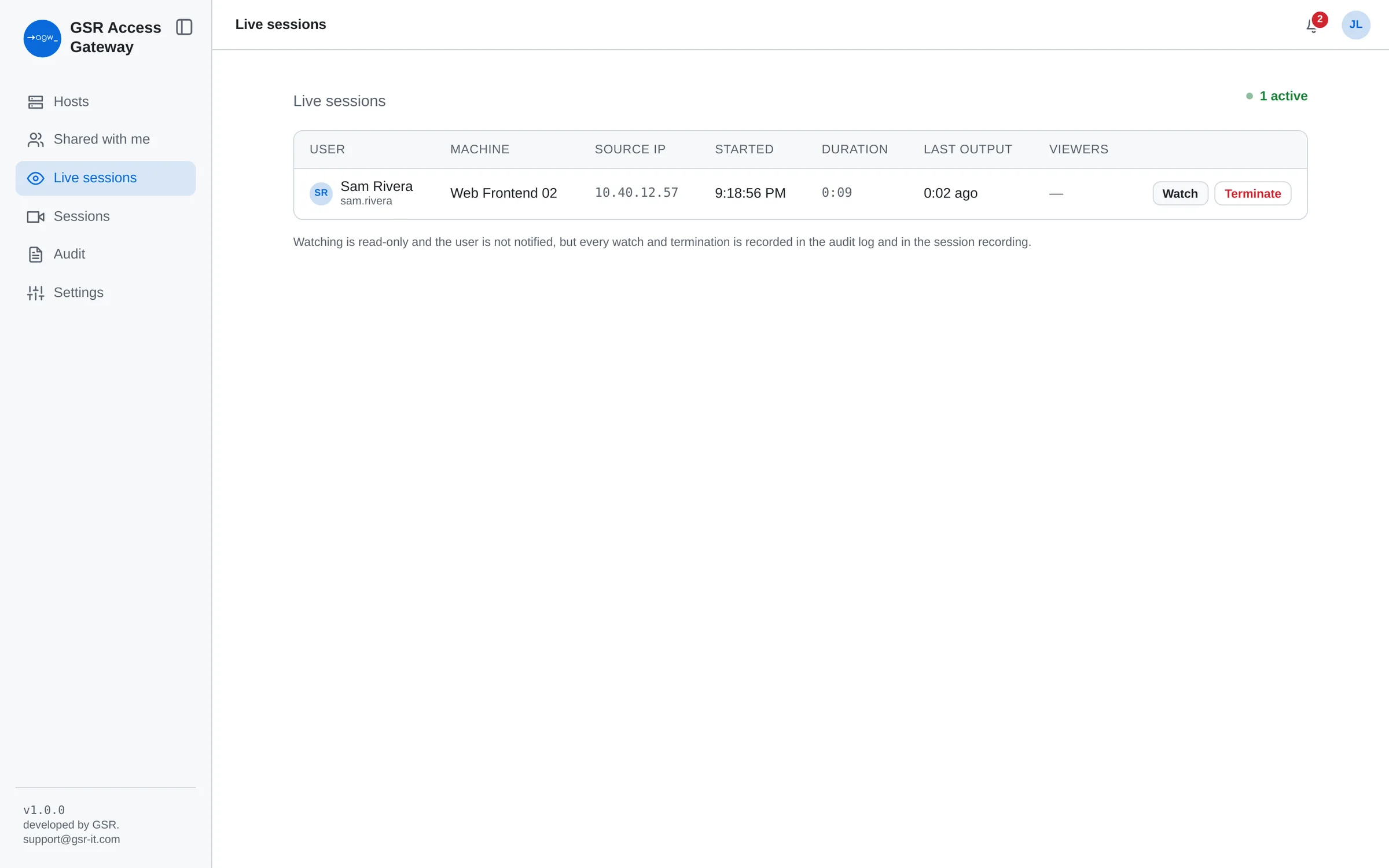 Live sessions list with watch and terminate actions
