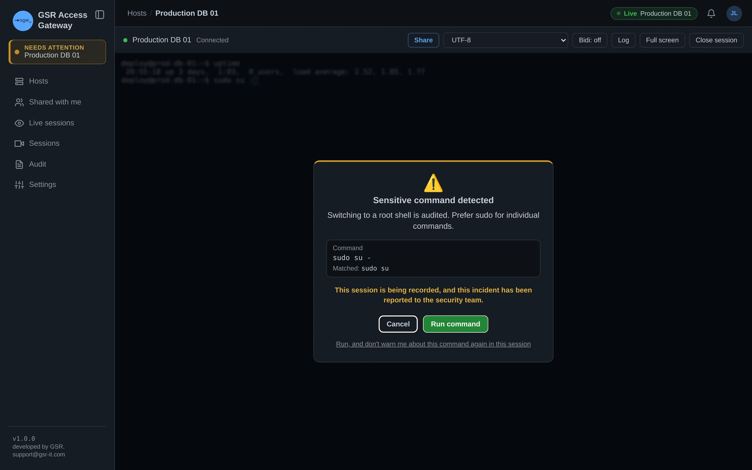 Sensitive-command alert shown to the user in a terminal session