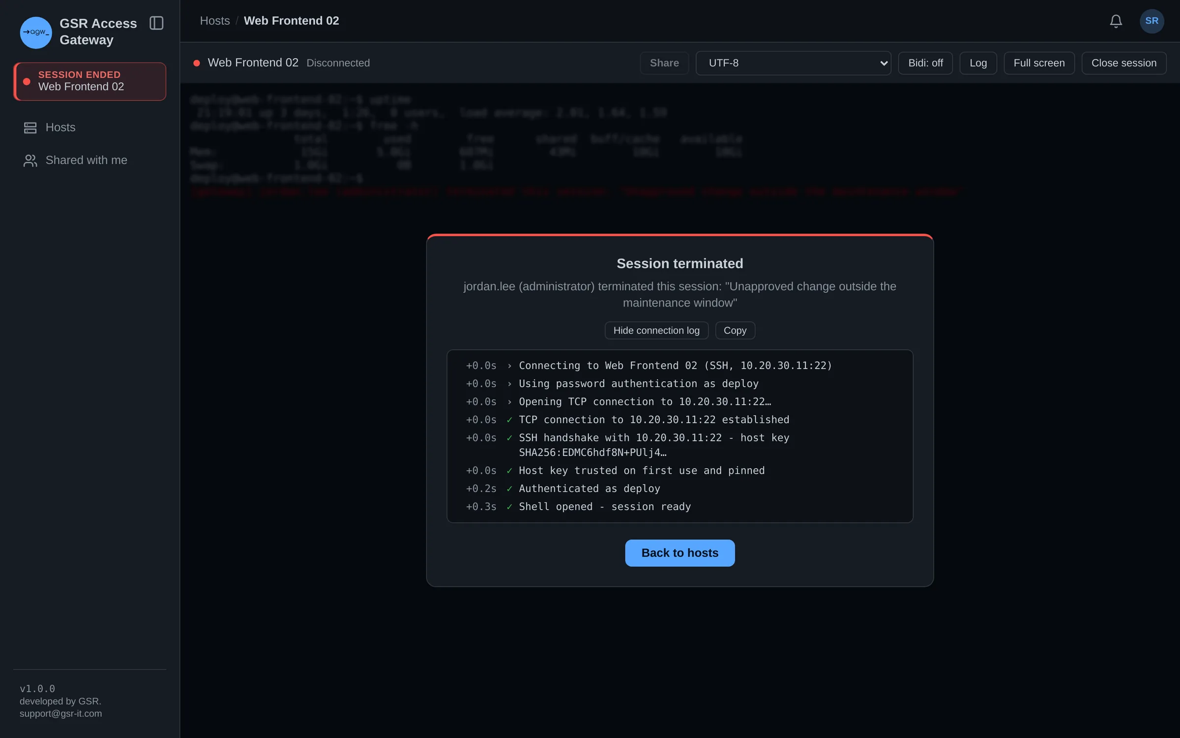 The user sees that an administrator ended the session, and why