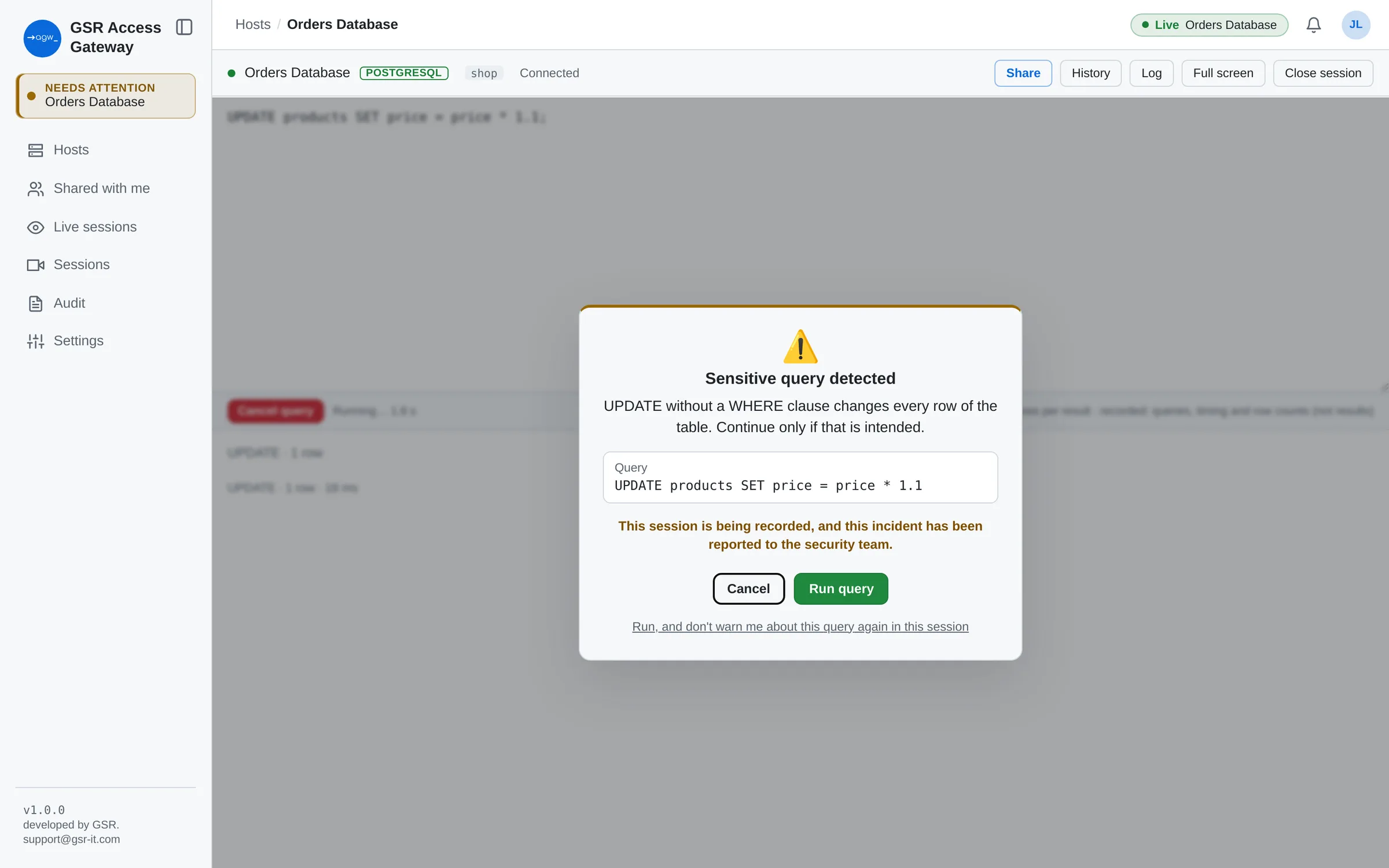 Warning that an UPDATE without a WHERE clause changes every row, with Cancel and Run query